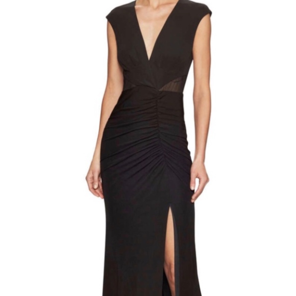 Black ABS by Allen Schwartz Deep V Ruched Gown